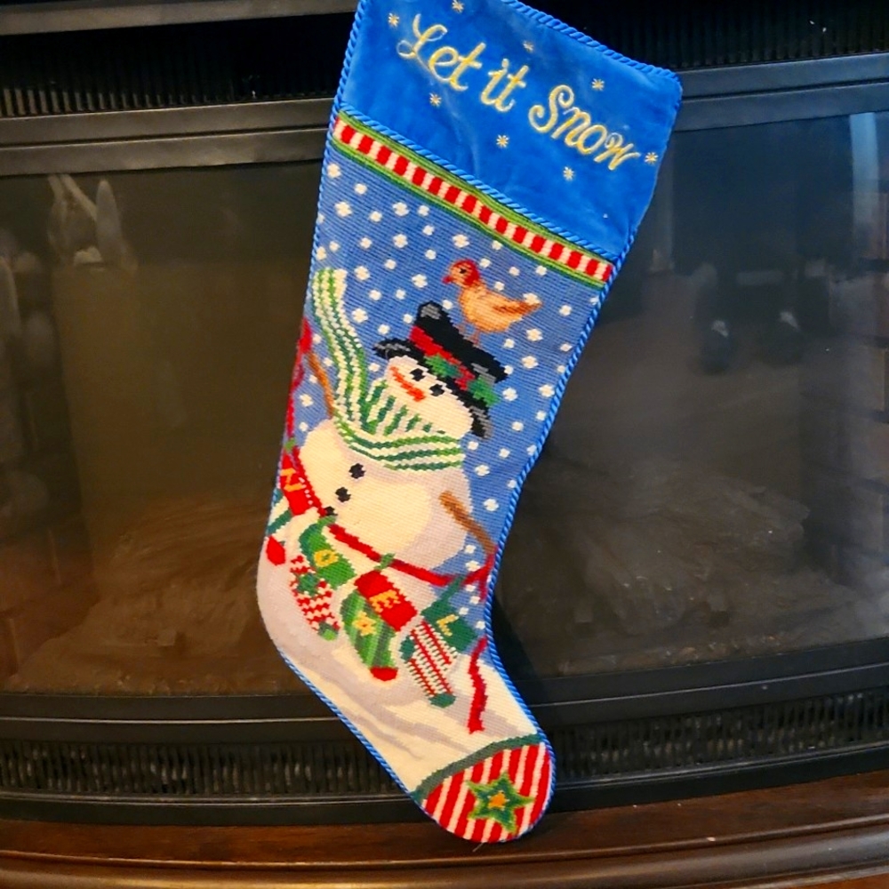 Blue velvet, Needlepoint snowman pattern large Christmas stocking 💙